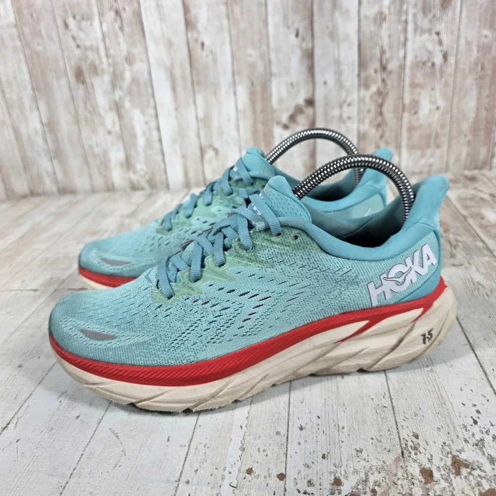 Hoka One One Clifton 8 Womens 7.5 Running Shoes Aquarelle Blue Red 1119394 AEBL